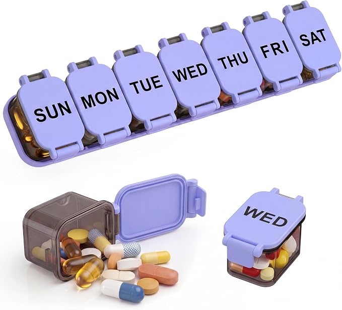 Yaklim Extra Large Weekly Pill Organizer - Waterproof 7-Day Pill Box, Portable Vitamin & Supplement Case, Easy to Open Design, Ideal for Travel and Daily Medication Management (BlackPurple)