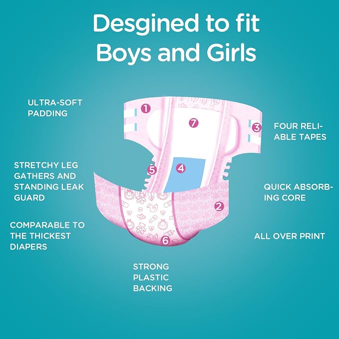 Littleforbig Adult Printed Diaper 10 Pieces - Nursery Pink (Medium 28"-38")