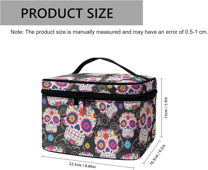Mexican Sugar Skulls Makeup Bag for Traveling Mexico Style Women Toiletry Bag, Day Of The Dead Candy Skull Flowers Makeup Organizer Bag Large Cosmetic Accessories