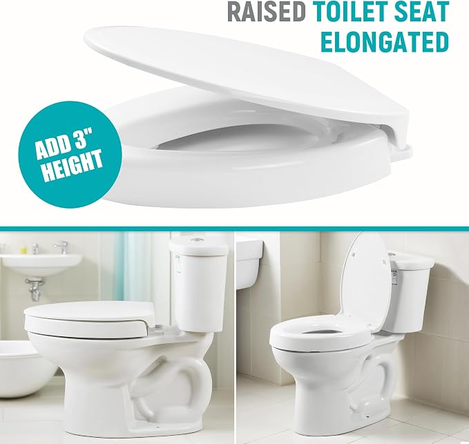 Raised Toilet Seat Riser Elongated, 3 Inches Elevated for Seniors | White, Elevated Toilet Seat, Slow Close, Non-slip, 770lbs Heavy Duty, Fit for Elongated Toilet Bowl