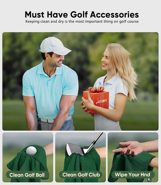 Jiskan Pro Golf Towel Microfiber Golf Towel for Golf Bags (16" X 16") with Hook, Loop Fastener and Gift Box, Essentials Golf Accessories for Men, Golf Gifts for Men/Women
