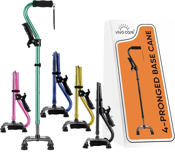 VIVA CARE Walking Cane with 4 Prongs and Extra Side Handle – Adjustable, for Balance & Stability for Adults, Seniors, and Injured.