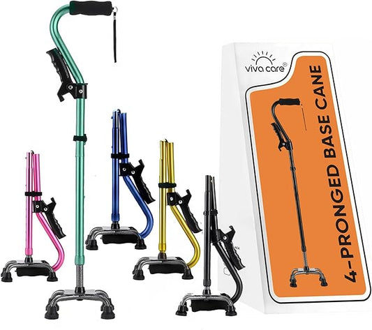 VIVA CARE Walking Cane with 4 Prongs and Extra Side Handle – Adjustable, for Balance & Stability for Adults, Seniors, and Injured.