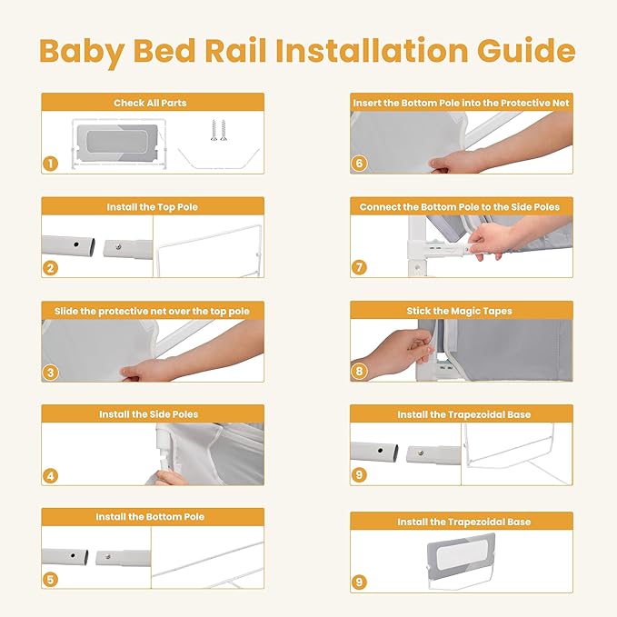 Foldable Bed Rail, 57in Reinforced Carbon Steel Frame & Connectors, Breathable Cationic Fabric - Safety Bed Rail Fits Queen, King, Twin, Full, No-Tool Easy Setup