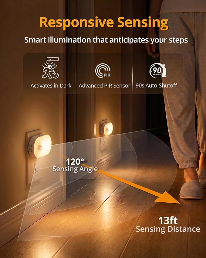 Lyridz Plug-in Night Light with Motion Sensor, 1-120 LM Stepless Adjustable Brightness LED Nightlights for Bathroom, Bedroom, Hallway, Stairs, Garage, Toilet, 4 Pack