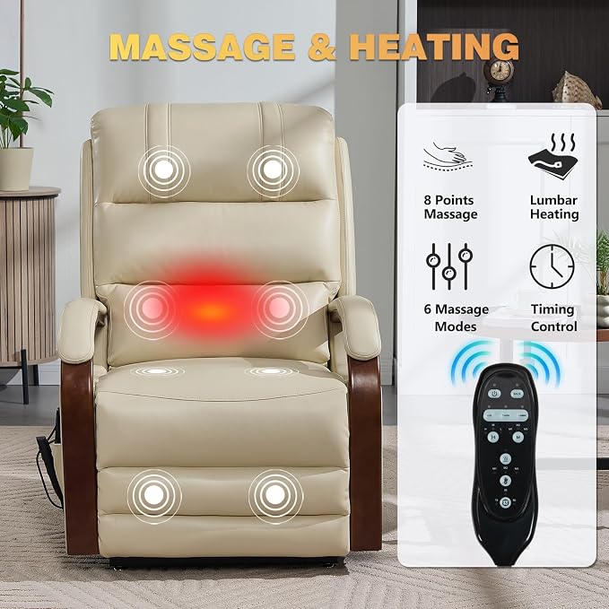 Trustyue Power Lift Recliner Chair, 180° Lay Flat Recliner, Lift Chair with Massage and Heat, Standing Assistance, Infinite Position Reclining, Living Room Chair for Elderly People(Faux Leather Beige)