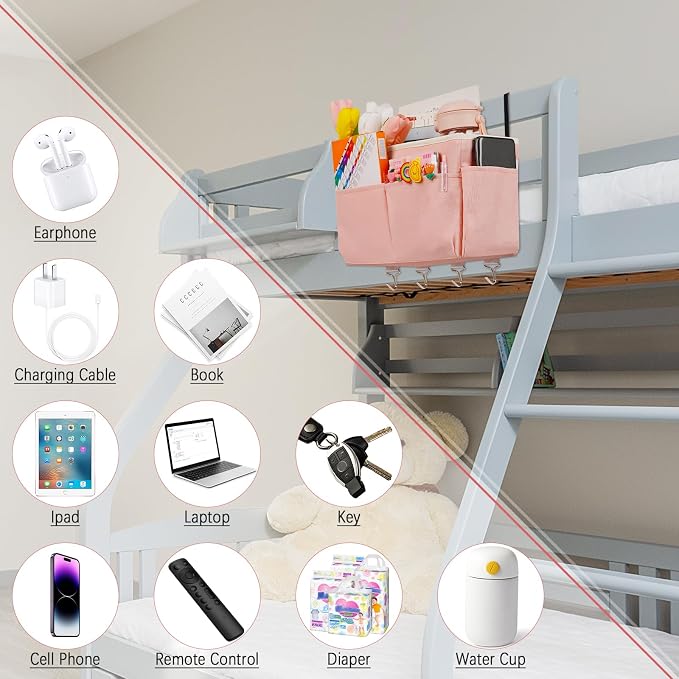 Bedside Caddy Organizer 5 Pockets and 4 Hooks for Bunk Bed Pink | Hanging Storage Bag for Headboards