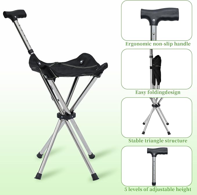FATTCHIAR Cane with Seat with Light, Cane Chair Adjustable Height Folding Lightweight Walking Stick with Seats, Portable Stool for Adults Seniors