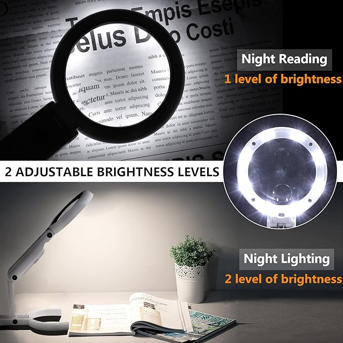 Magnifying Glass with Light and Stand, Foldable Handheld Large Magnifying Glass, Dual Brightness LED Illuminated Lighted Magnifier for Macular Degeneration, Seniors Reading, Close Work, Coins, Jewelry