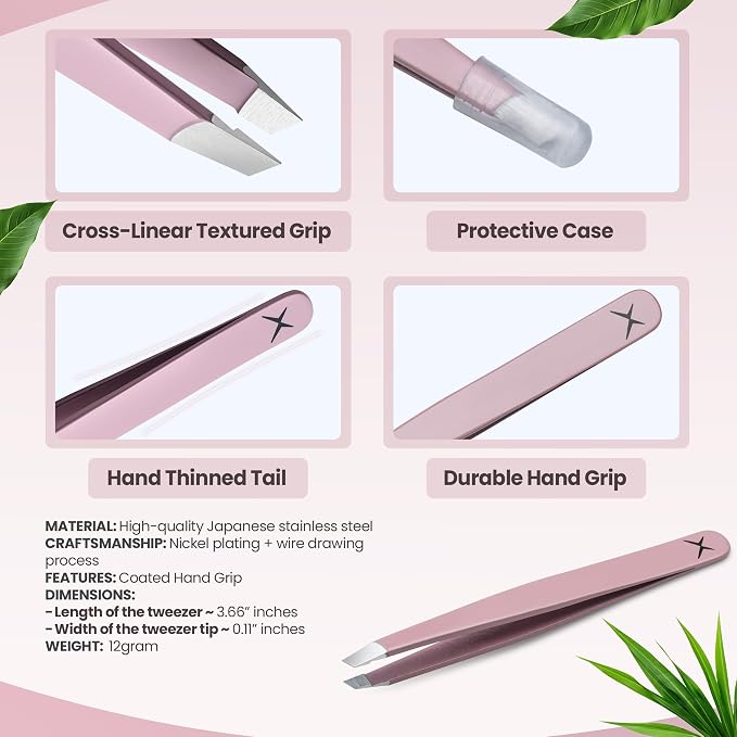 Professional Slant Tip Tweezers - Precision Stainless Steel Eyebrow Plucking Tool for Women and Men, Ingrown Hair Remover, Facial Hair Tweezers for Grooming (Rose Quartz)