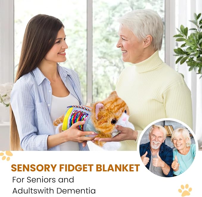Fidget Muff Cat and Blanket for Elderly | Dementia Products for Elderly Fidget Blanket for Adults with Stuffed Cat | Fidget Blanket for Seniors Alzheimer's Activities | Sensory Fidget Toys