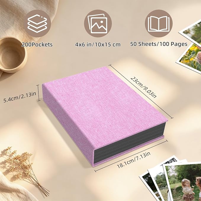 Popotop Photo Album 4x6 200 Pockets for Wedding Gifts,Linen Hardcover Picture Albums for Family Anniversary Baby Vacation Pictures