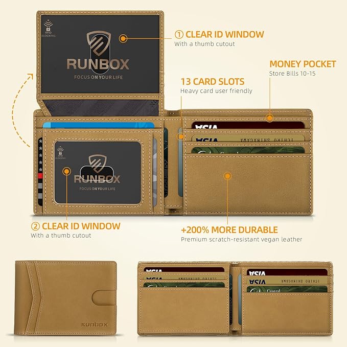 RUNBOX Wallet for Men -Slim Rfid Leather Mens Bifold Novelty Wallets 2 ID Window With Gift Box Men's Accessories | Minimalist Front Pocket Design, Holds 15 Cards, Large Capacity with Cash Pocket,Compact and Thin, Birthday Gifts for Men