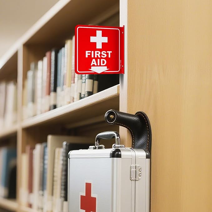 GicnKeuz First Aid Sign, 6" x 6" First Aid with Cross Symbol, Two-Sided Acrylic L-Sign for Business or Office or Wall Décor, Including Screws, Easy to Install (4 Pack)