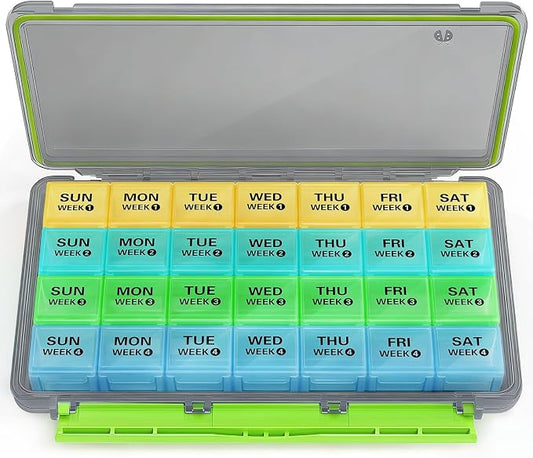 BUG HULL Monthly Pill Organizer, Moisture-Proof Large 28 Days Pill Box with Removable 4 Weeks Pill Case Rows, Medicine Pills Organizers, Travel Pill Organizer with One Month Pill Container-Grey