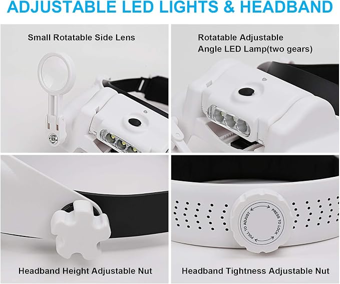 Dilzekui Magnifying Glass with Light 1X-14X, Rechargeable Headset Magnifier | 2 Lens Slots,Detachable Acrylic Magnifying Glasses Lens, Adjustable 2 Lightness, Head Magnifier for Close Work Jewelry Crafts