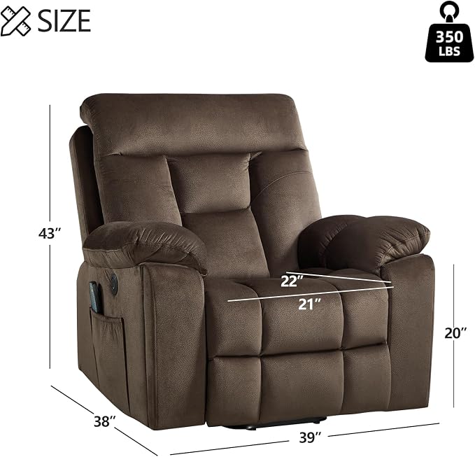 Large Power Lift Recliner Chair with Massage and Heat for Elderly Big and Tall People, Overstuffed Wide Recliners with 2 Cup Holders, Side Pocket and USB Port, Dark Brown