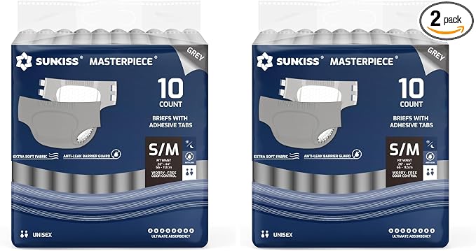 SUNKISS Masterpiece Adult Diapers with Tabs, Unisex Disposable Incontinence Briefs for Women and Men, Odor Control, Grey, S/M, 10 Count (Pack of 2)