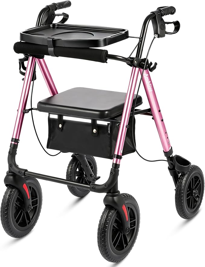 Foldable Rollator Walker for Seniors with Seat,4 Wheel Rolling Walkers | 300lbs walker with tray for Adults & Mobility Impaired|8" Airless Tires|Anti-tip brakes|Adjustable height|Tool-Free Assembly