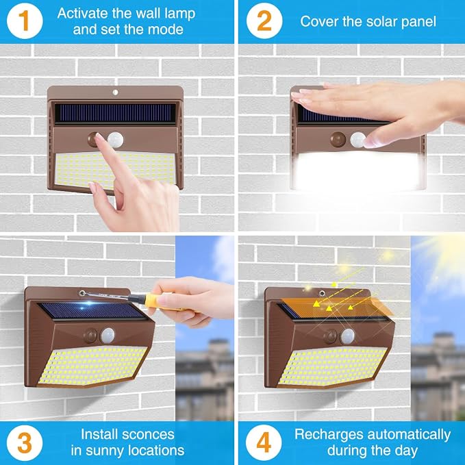 6 Pack Solar Motion Sensor Lights Outdoor Waterproof with 3 Modes | Warm White, Brown Frame, LED, Solar Powered, Security Lighting for Outside Wall Garden Fence Yard Deck Patio Garage