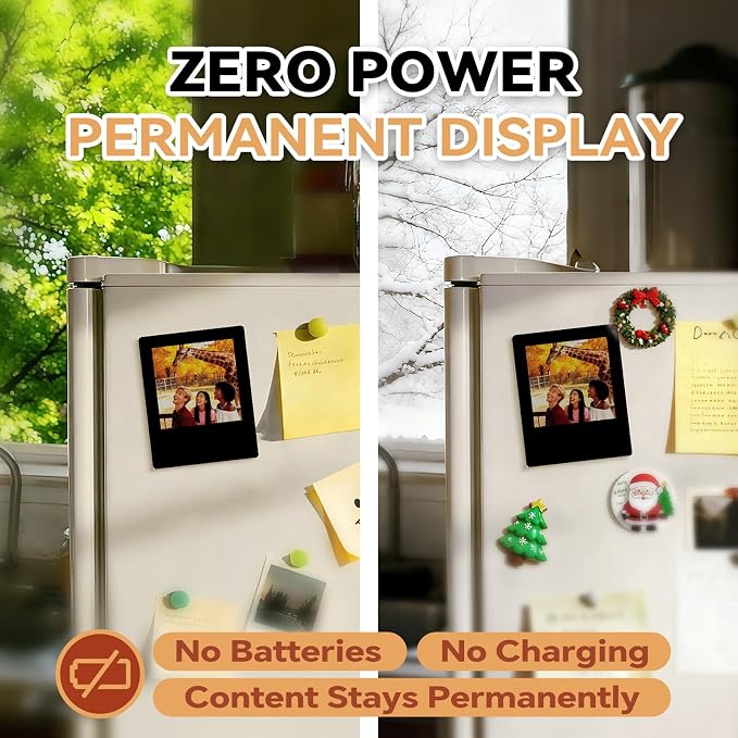 E-Paper Fridge Magnet Classic Plus, E-Ink Battery-Free Instant Photo Style Display, Wireless NFC Picture Frame, Phone-Controlled Acrylic Memo Board for Party/Travel/Home & Gifts, Compatible iPhone 13 and Newer (Black)