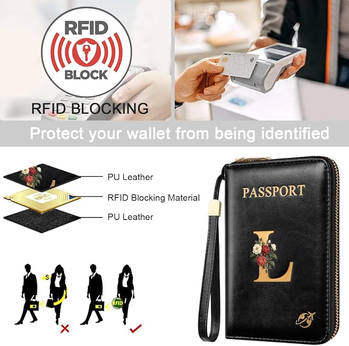 Passport Holder for Travel Personalized Wallet with Wristlet Women | Passport Cover, RFID Blocking, Passport Book Holders, Back Coin Pocket, Zipper Closure, Roses Initial Letter, Black L