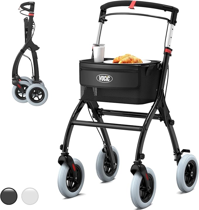 VOCIC Z32 Narrow Walkers for Small Spaces, 8" Quiet Anti-Slip Tires, Tray | Foldable & Lightweight Indoor Rollator Navigates Small Spaces, Easily Passes Tight Doors, Tray&Pouch for Home, Black
