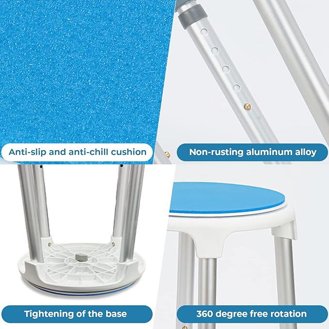 Shower Stool for Inside Shower Swivel Shower Chairs for Seniors Adjustable Round Shower Seat Bath Chair Tool-Free Assembly 5 Adjustable Heights from 19''-21'' Load 350LB