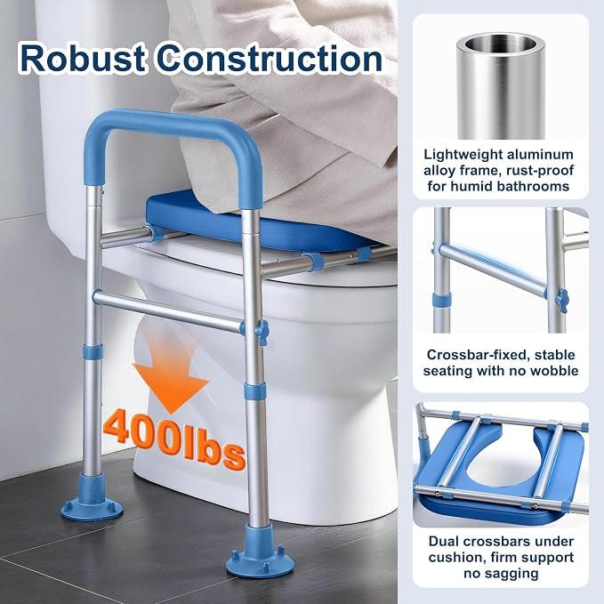 Adjustable Raised Toilet Seat with Handles for Seniors, Blue | 400lbs Capacity Elongated Toilet Seat Riser, Elevated Toilet Seat with Soft Cushion & Removable Armrests