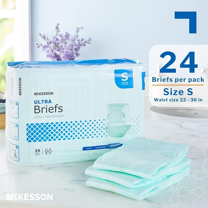 McKesson Ultra Briefs, [24 Count], Small, 22-36 in. Incontinence Adult Diapers, Heavy Absorbency, Unisex, Disposable, Elastic Leg Gathers and Contoured Fit for Men and Women