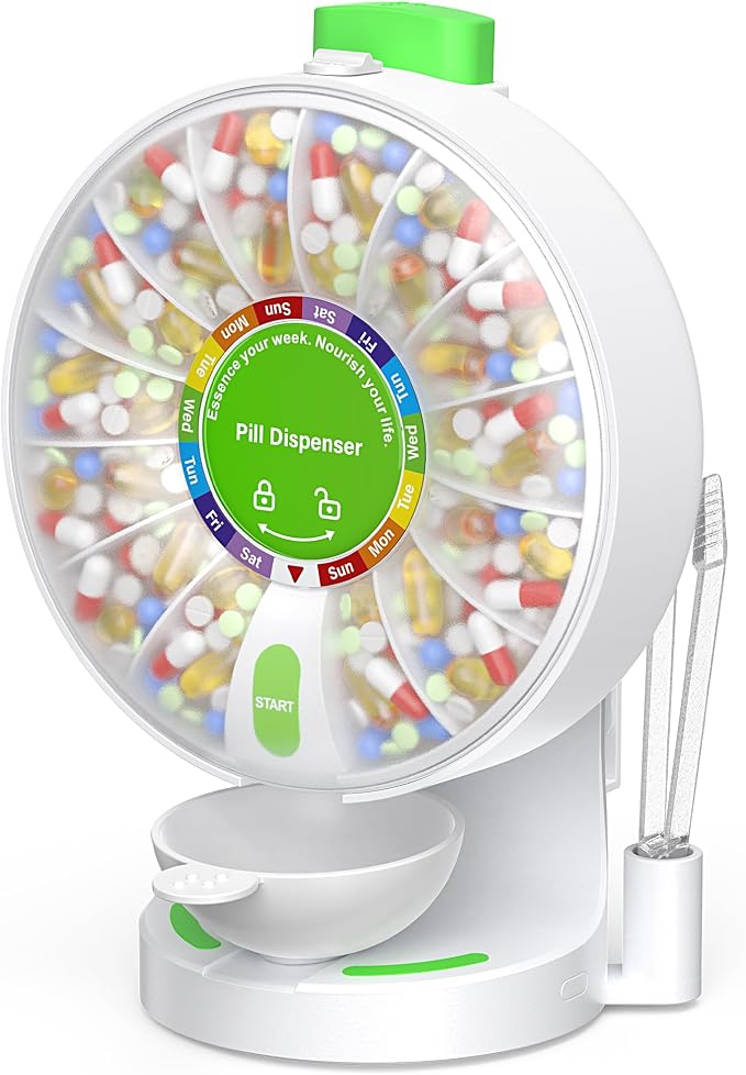 200000 Push Button Test Weekly (14 Days) Large Pill Dispenser Organizer | One Push Button, Magnetic Medicine Bowl, Child Lock, Wall-Mounted, Standing Use, for Vitamin, Medicine, Elderly, Pet Green
