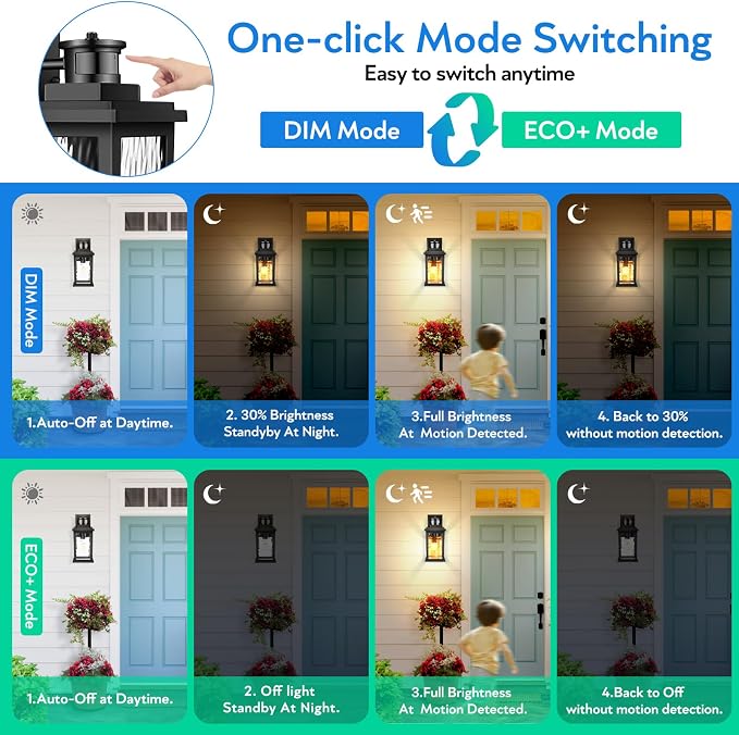 VIANIS Motion Sensor Exterior Lights for House, Dusk to Dawn Porch Lights | Waterproof Aluminum, Tempered Water Glass, 2 Pack Sconce Outdoor, Moden Black Outdoor Sconce Lights Lantern for Garage, Patio