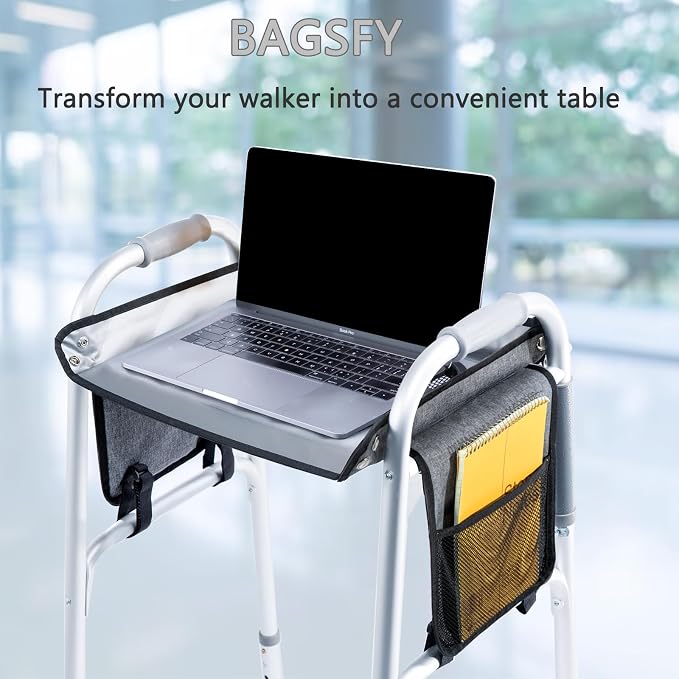 BAGSFY Walker Tray with Cup Holder & Side Pocket – Hard Top Walker Table for Seniors – Folding Walker Accessory for Meals, Reading, Drinks – Non-Slip Surface, Tool-Free Install, Universal Fit