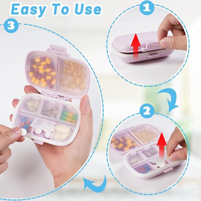 4 Pack Pill Organizer - Travel Pill Box with Label, 8 Compartment Daily Pill Case for Pocket Purse, Medicine Case, Waterproof Portable Pill Supplement Case, Travel Pill Container to Hold Vitamin