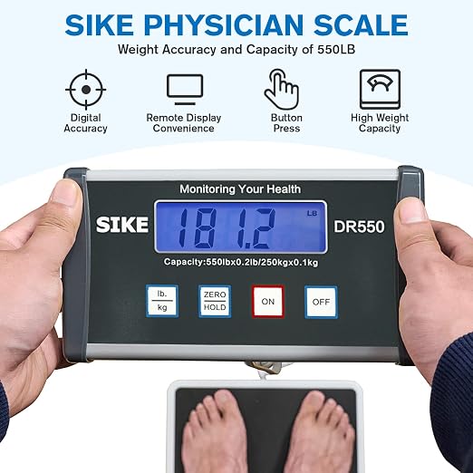 SIKE Digital Physician Scale, Medical Floor Scale for Body Weight, 550 lb Limit Professional Weight Scale, Portable Easy to Read Digital Display, Heavy Duty, Pound & KG Settings, 12.5" x 12" Platform | Portable