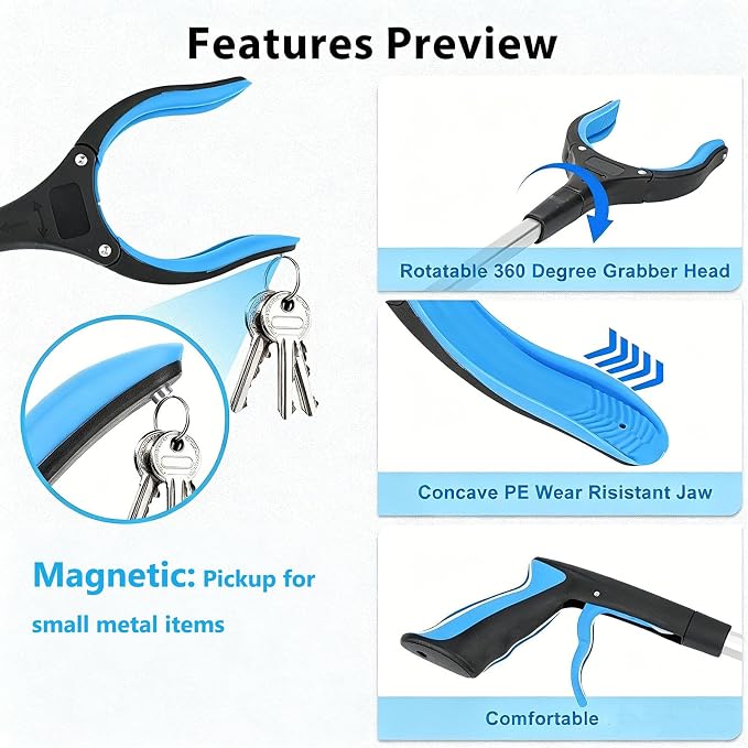 43" Extra Long Grabber Tool, Foldable Reacher Grabber Pickup Tool with 360° Rotating Jaw & Magnet, Trash Claw Grabber Tool, Extension Grabbers for Seniors, Blue