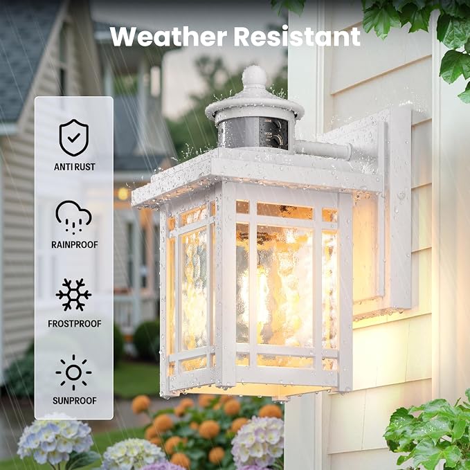 Gleamz Exterior Lighting Fixtures, White Modern Motion Sensor Porch Light, 100% Anti-Rust Outdoor Porch Lights Wall Mount, Weatherproof Outdoor Lantern Lights, Exterior Lighting Fixtures Dusk to Dawn