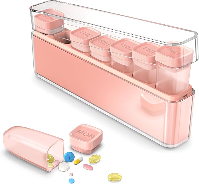 Weekly Pill Organizer 1 Time a Day, HIONXMGA Detachable Travel Pill Box 7 Day, Large Medicine Pill Case Container for Daily Medication Vitamin Supplement Fish Oil, Portable Week Pills Holder, Pink