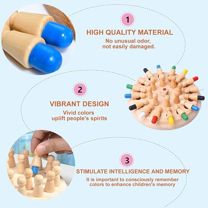 Wooden Memory Chess Board Game: Color Wooden Memory Chess Game for Brain Train for Kids Toddler Learning Educational Toys - Montessori Learning Toys for 3 4 5 6 7 8+ Year Old Boy Girl Gift