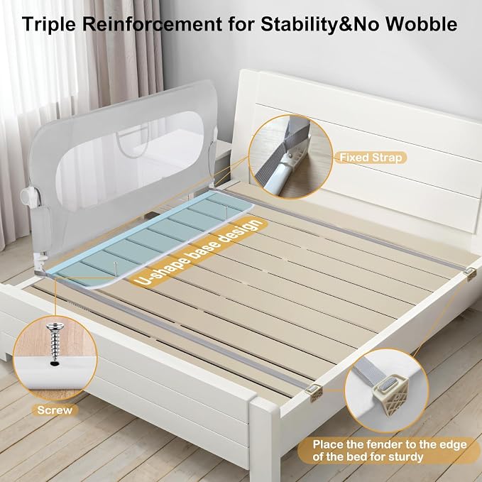 Bed Rail for Toddlers,Swing Down Kids Bed Rails Guard for Twin,Full,Queen,Bunk Size Bed,Extra Tall Child Bed Rail Guard with Reinforced Anchor Safety System (Grey, 43 Inch(43" L x 31" H))