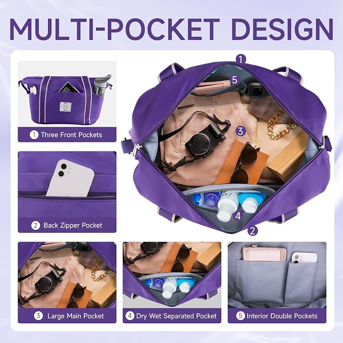 WALNEW Travel Duffel Bag, Weekender Overnight Carry On Bag for Women Men, Foldable Waterproof Gym Luggage Duffle Bag with Metal Buckle Detachable Shoulder Strap and Wet Compartment (Purple)