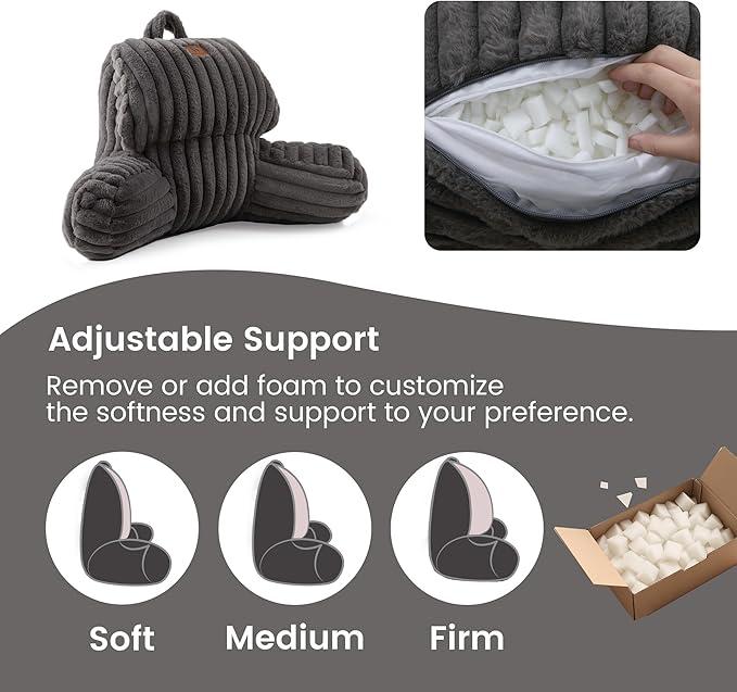Amélie Home Faux Fur Reading Pillow with Pocket for Sitting in Bed, Kids Backrest Bed Pillow with Washable Cover for Lounging, Study & Relaxing, Grey 17 inches