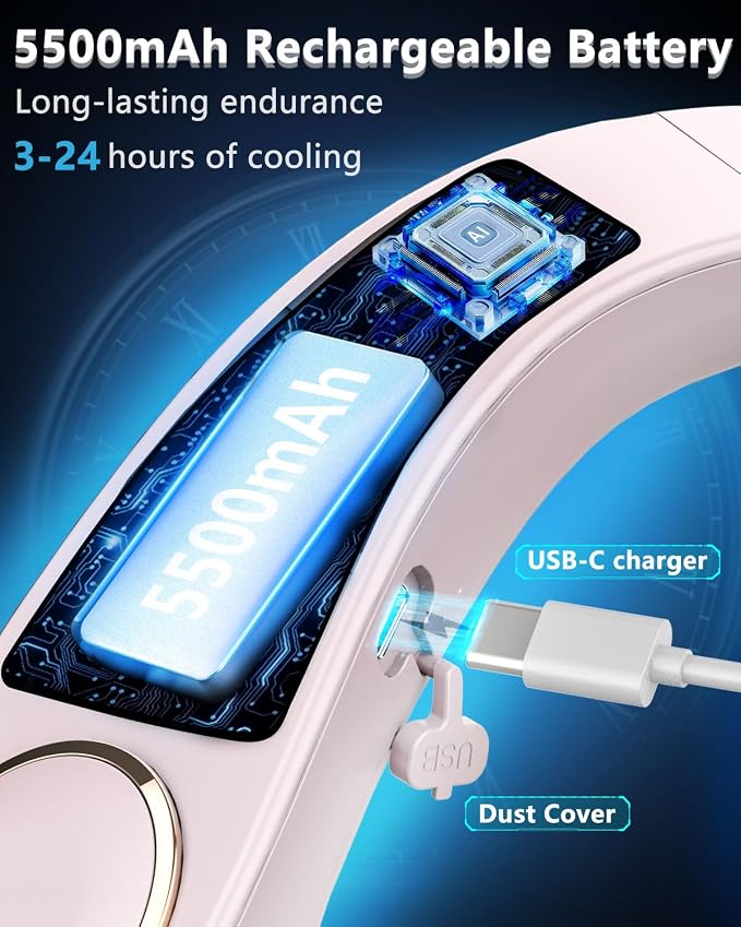 FWV Neck Fans with Cooling Plate, Silent 30dB, 3-24H Battery, 5500mAh USB-C Rechargeable, 5-Speed Neck Air Conditioner, LED Display Wearable Bladeless Personal Fan for Kid Adult Girl Light Purple