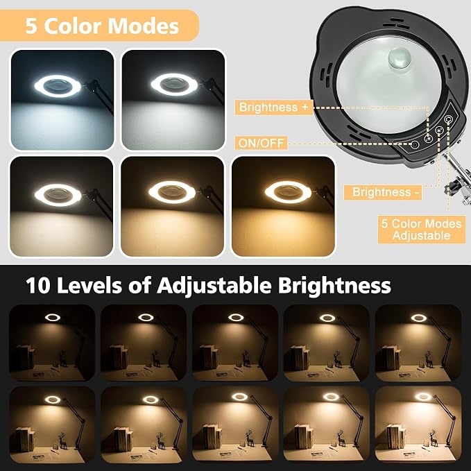 Magnifying Glass with Light and Clamp, 15X 10X Desk Magnifying Lamp, 84 LED Real Glass Lens Magnifier, 5 Color Modes Stepless Dimmable, Adjustable Hands Free Table Lamp for Repair Crafts Hobby Sewing