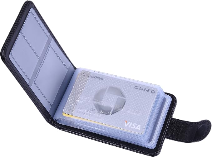 Wisdompro Credit Card Holder, RFID Blocking Wallet Debit Card Protector | Slim Leather Credit Card Organizer Case, Card Case with Magnetic Closure, 20 Card & 7 Memory Card Slots - Horizontal Black