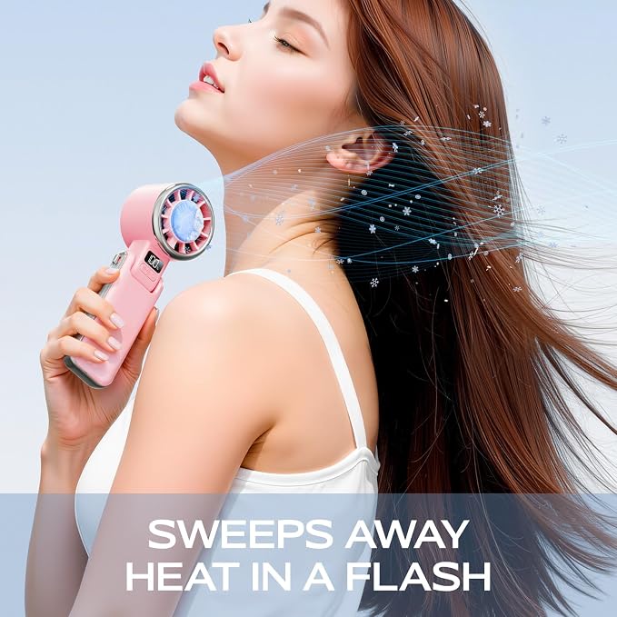 SHEWIND Portable Handheld Fan with Ice Cooling - 5 Gear High Speed Personal Turbo Fan Rechargeable, Up to 13 Hrs, Mini Hand Fans for Travel Essentials, Beach Vacation, Gifts for Women, Men (Pink)