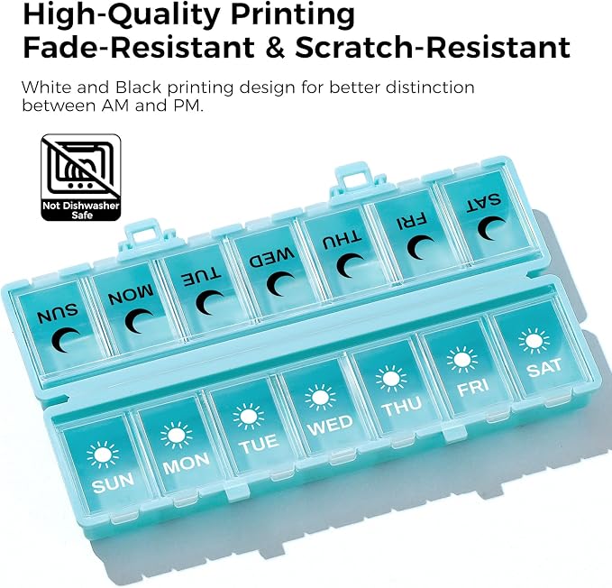 Foldable Pill Organizer Weekly 2 Times a Day, 7 Day Portable AM PM Travel Pill Case with Black&White Labels, Dual-Protection Daily Medicine Box, Large Pill Container for Vitamin/Supplement-Blue
