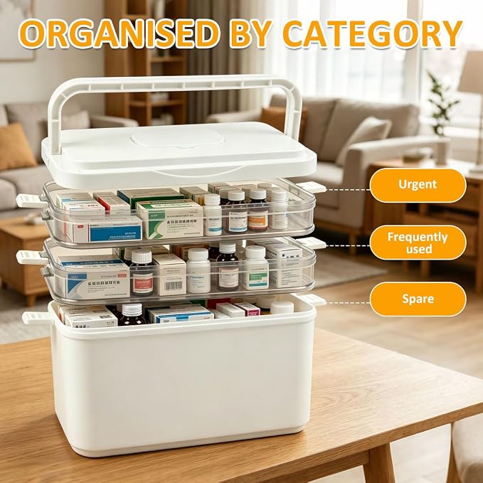 BUYGOO 3-Tier Medicine Cabinet Organizer, Medicine Organizer Box, Portable Medicine Storage Box with Handle, Pill Bottle Organizer Storage, Empty First Aid Kit Container for Home, Travel