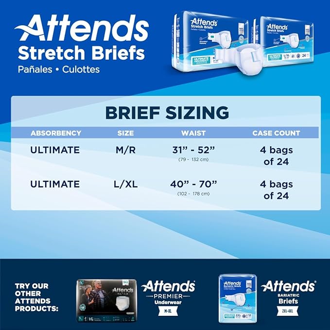 Attends Stretch Adult Incontinence Disposable Briefs, Large/X-Large, 40"-70" Waist with SecureGrip Tab Closure, Ultimate Absorbency with Dry-Lock Containment Core and Breathable Side Panels, 24ct Bag