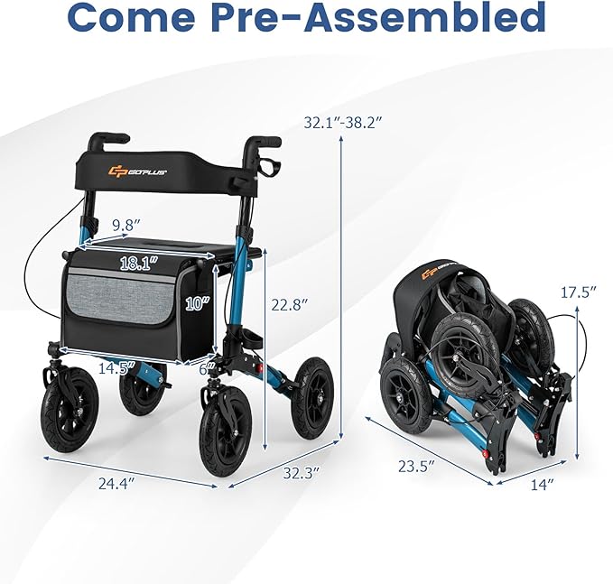 Goplus Walkers for Seniors with Seat, 2 in 1 Folding Rolling Rollator Walker with 9" Pneumatic Tires for All Terrain, Height Adjustment, Ergonomic Backrest, Aluminum Adult Mobility Walking Aid